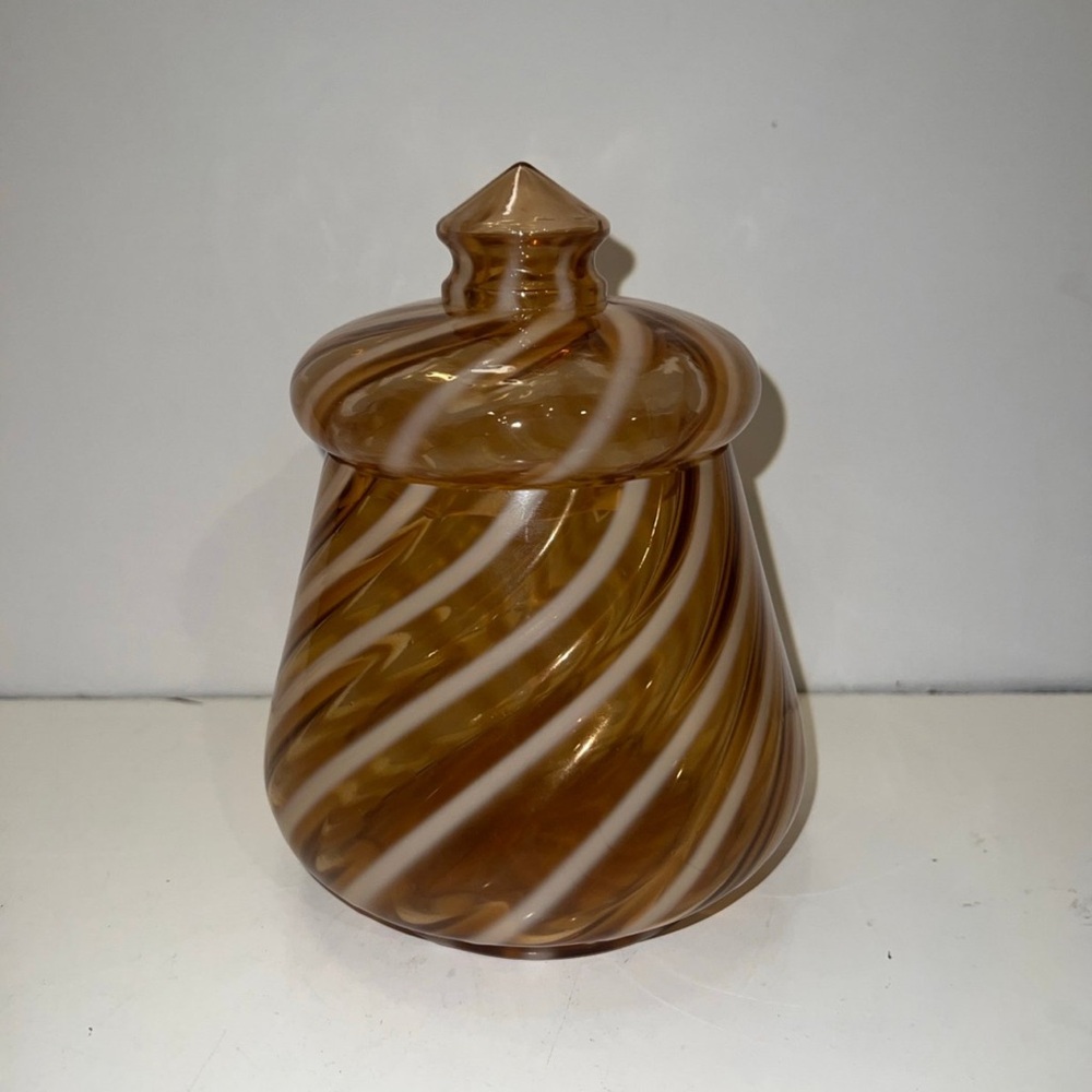 7" Fenton Spiral Optic orange/Brown Opalescent Candy Box Jar Vint…